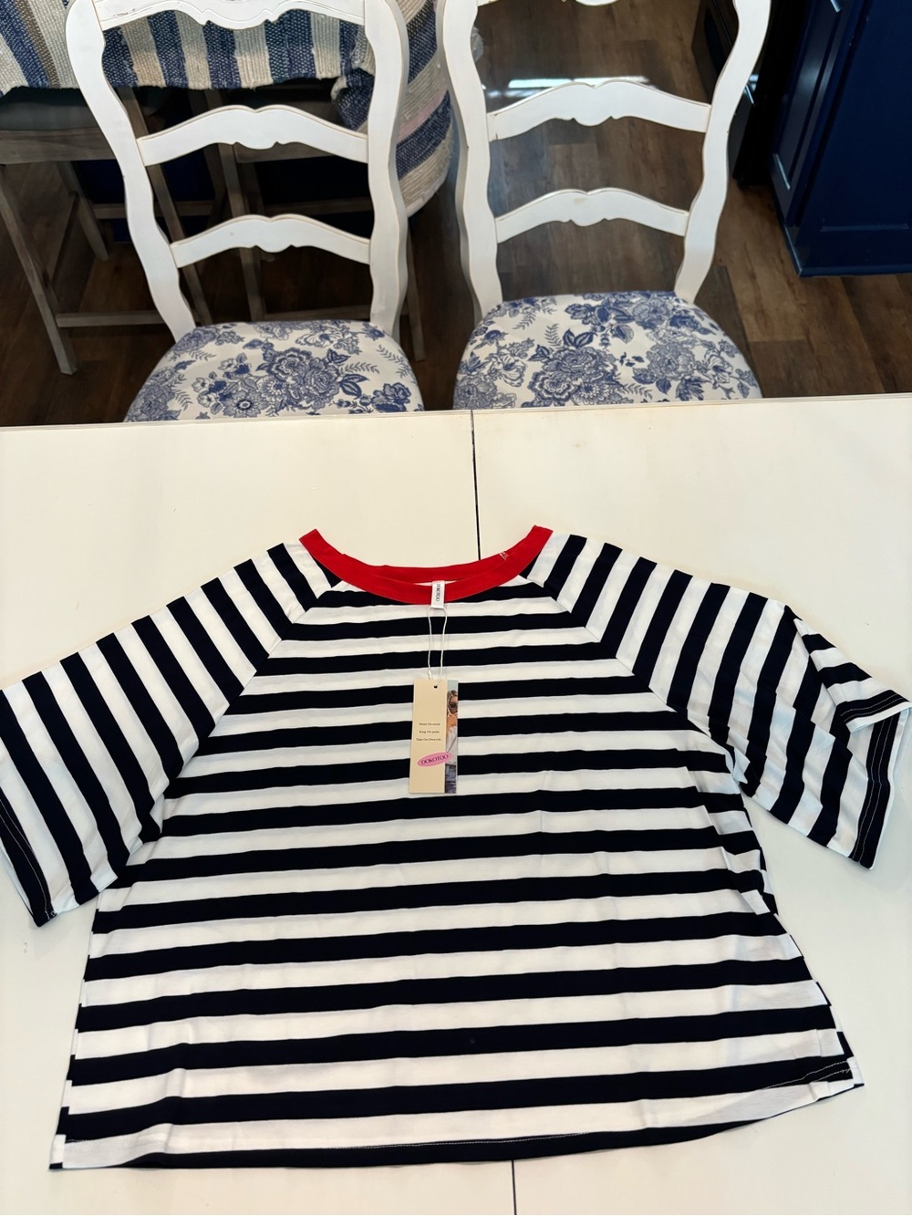 Women's Black & White Striped Short Sleeve Tee with Red Crew Neck